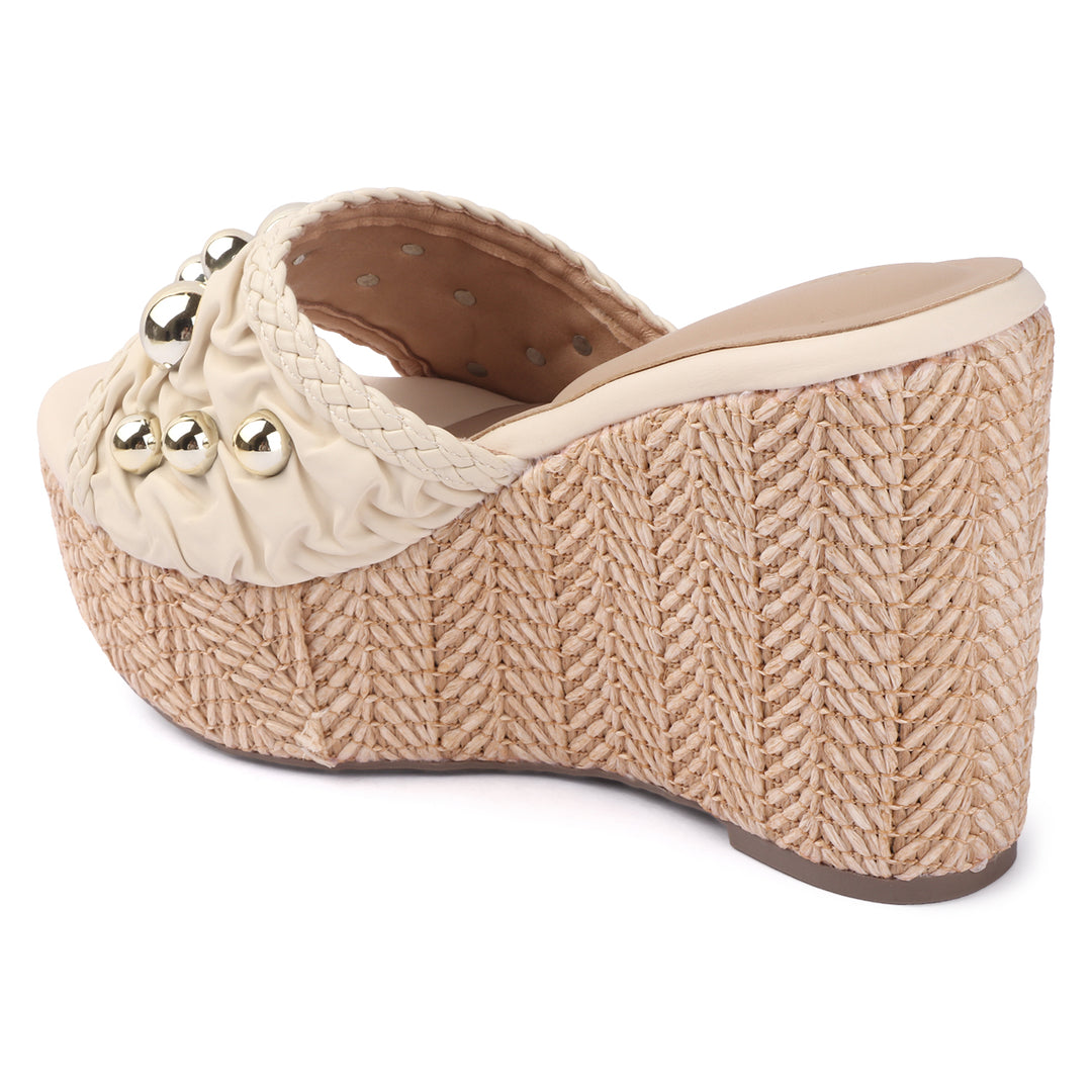 Studded Woven Wedge Mules