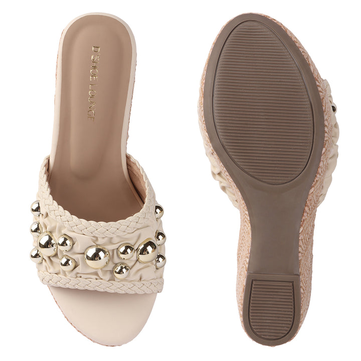 Studded Woven Wedge Mules