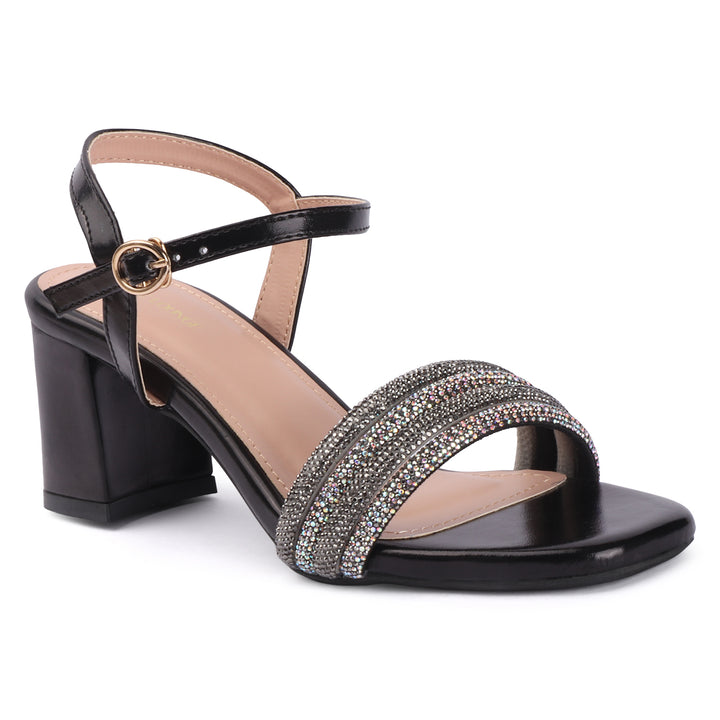 Black Open Toe Party Block Heels
