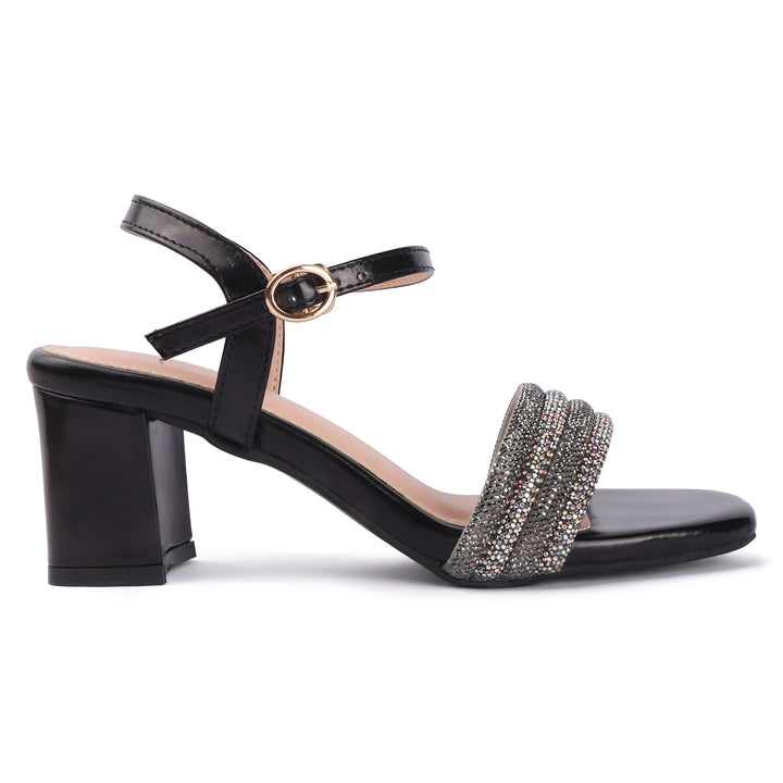 Black Open Toe Party Block Heels