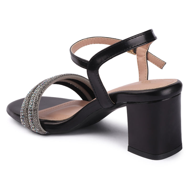 Black Open Toe Party Block Heels