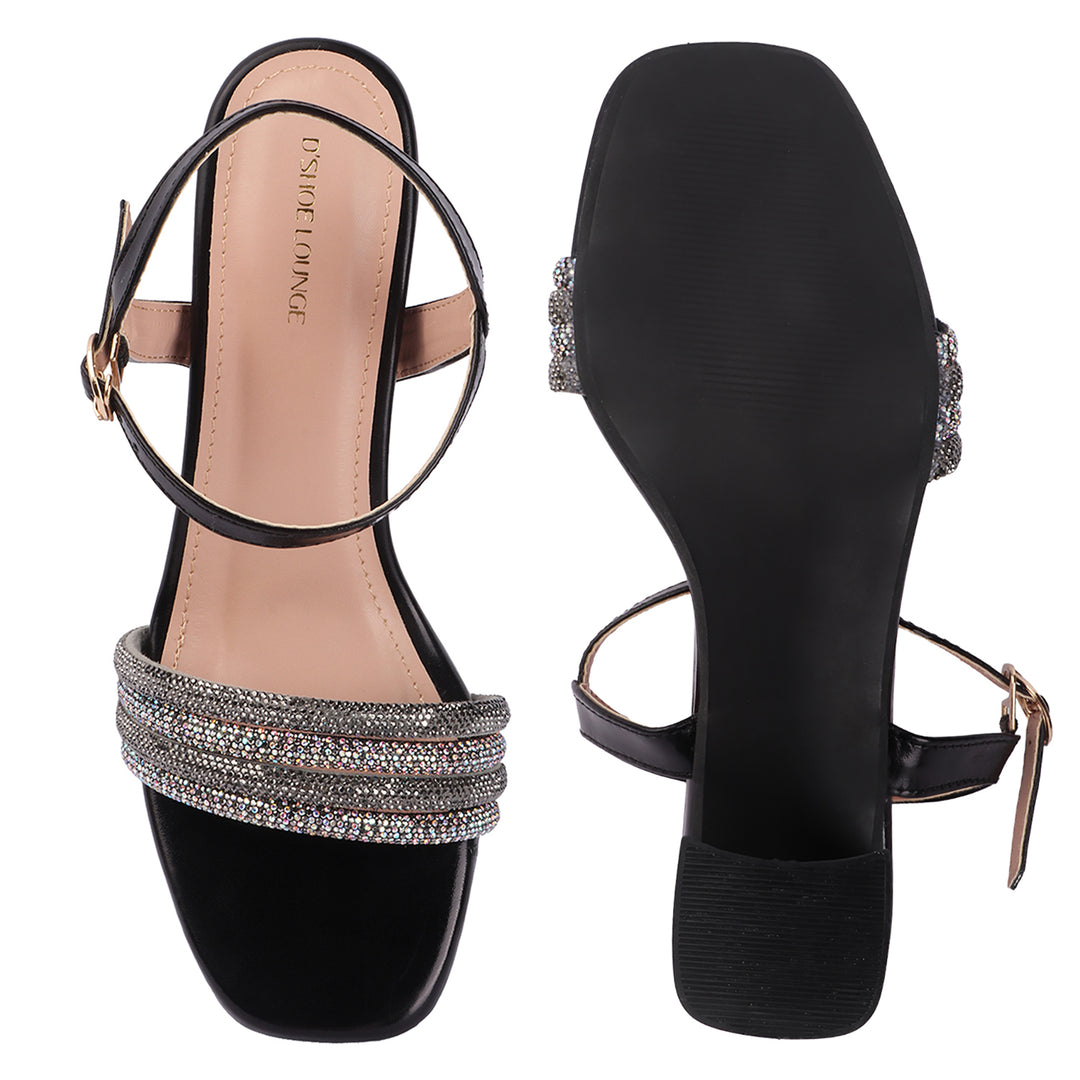 Black Open Toe Party Block Heels