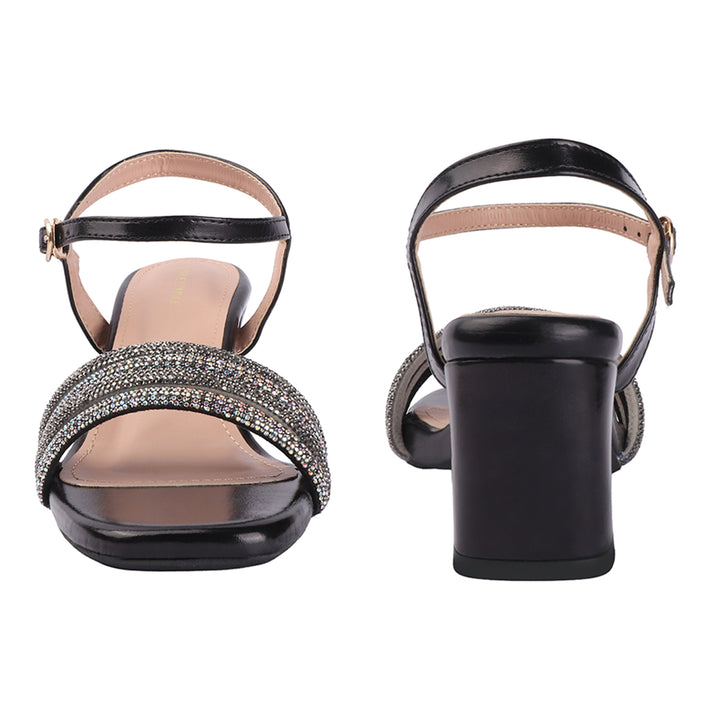 Black Open Toe Party Block Heels