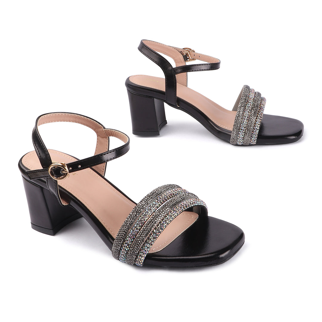 Black Open Toe Party Block Heels